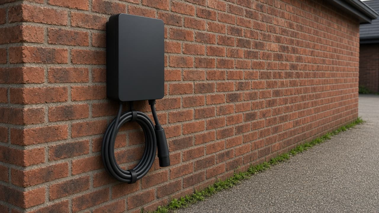 A matte black home EV charger mounted on a brick wall