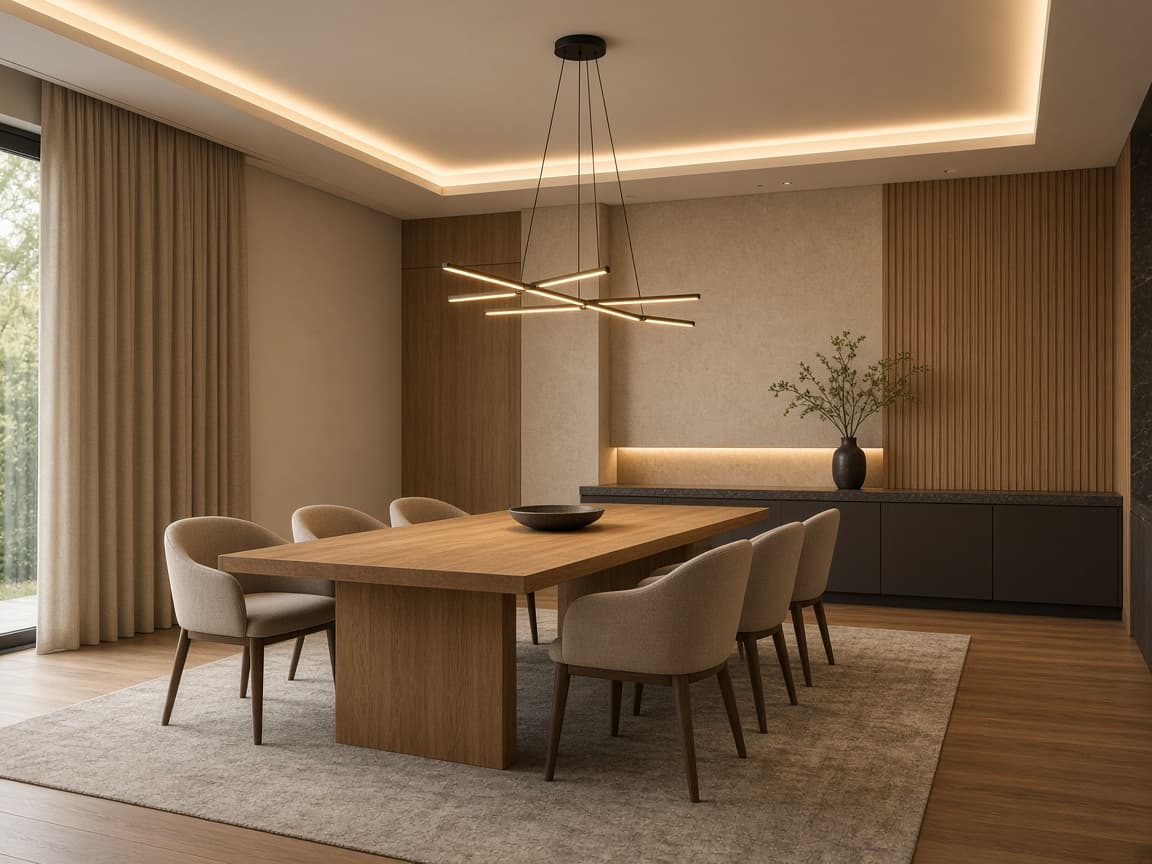 A dining room with warm cove lighting and a linear pendant
