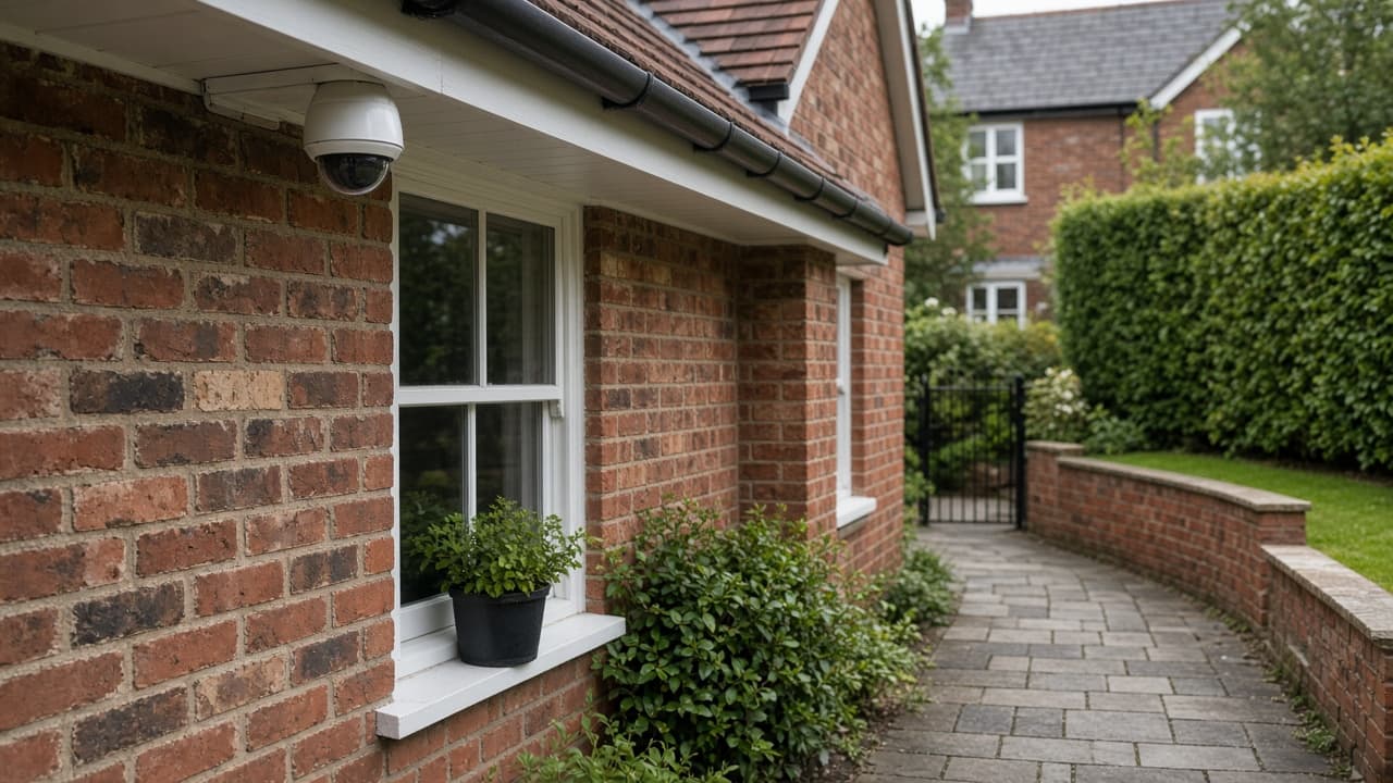 A small white camera under the eaves of a brick house