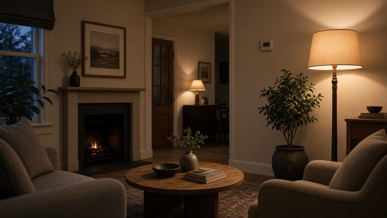 A living room in the evening with warm lamps and a wall thermostat